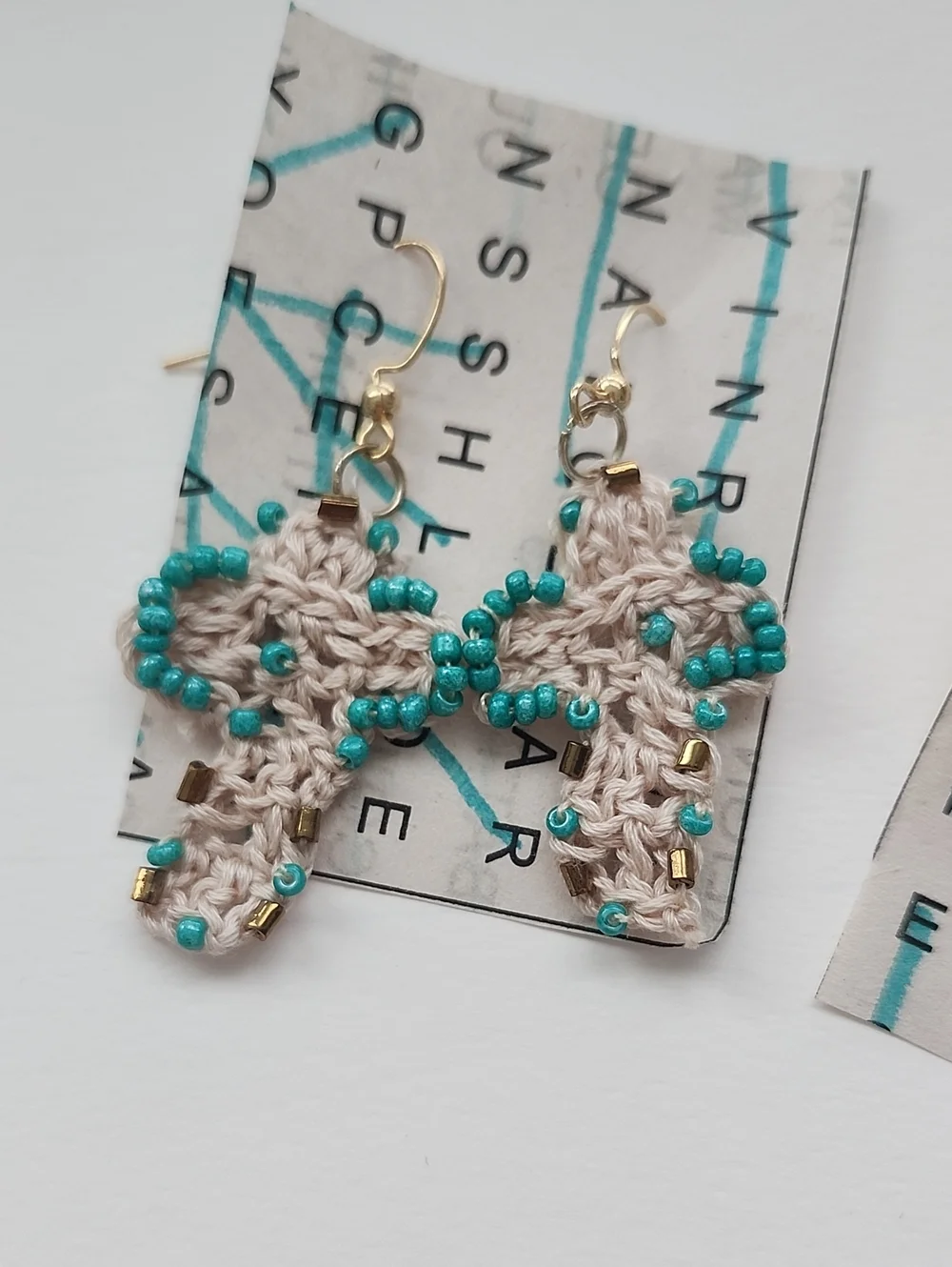 Handmade Beige Crochet Cross Earrings with Teal Beads - Kids Accessories